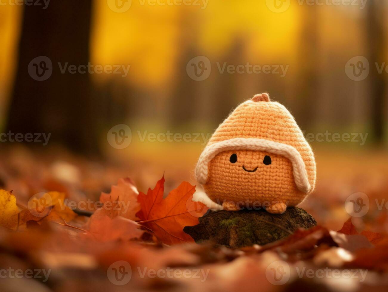 an orange crocheted toy sitting on top of fallen leaves generative ai photo