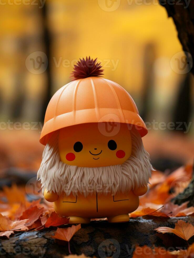 an orange toy with a hat and beard standing in the fall leaves generative ai photo