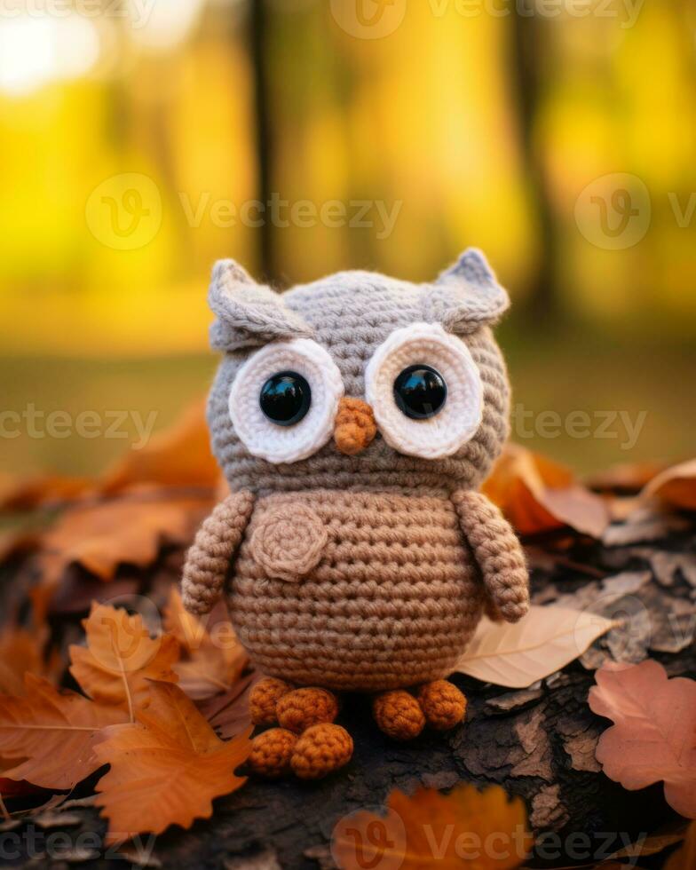 an owl crocheted in the autumn leaves generative ai photo