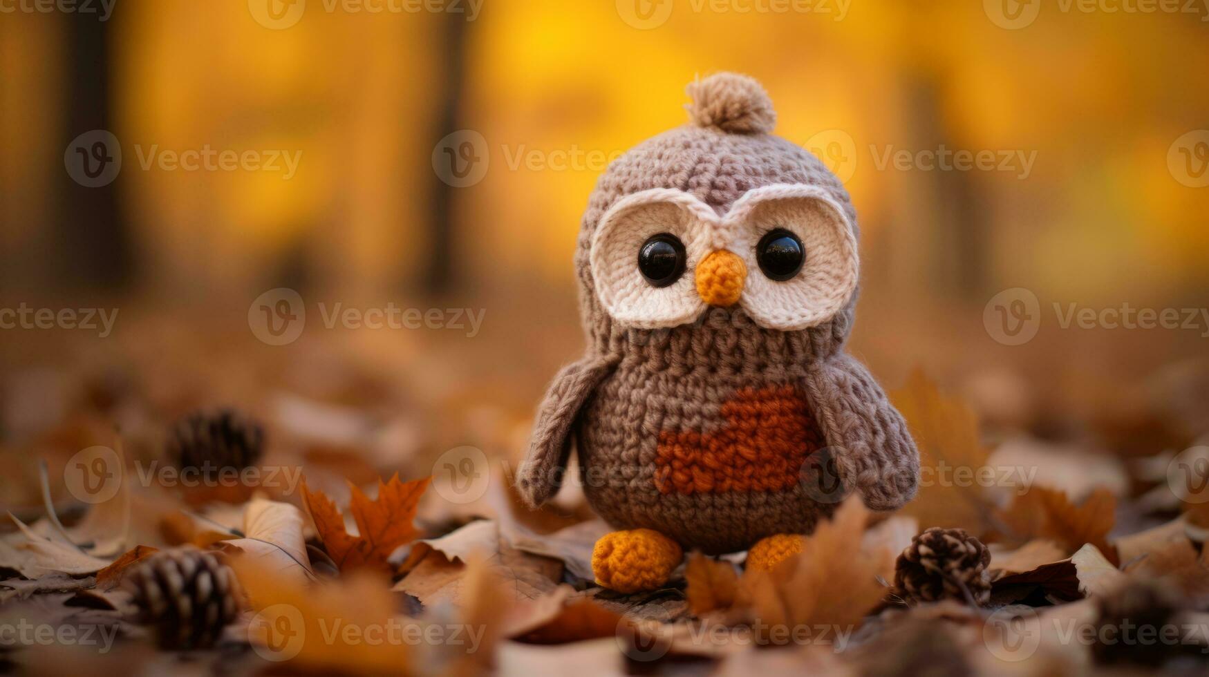 an owl crocheted in the autumn leaves generative ai photo
