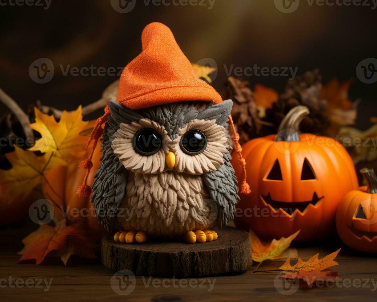 an owl wearing a halloween hat sits on top of a pumpkin generative ai photo