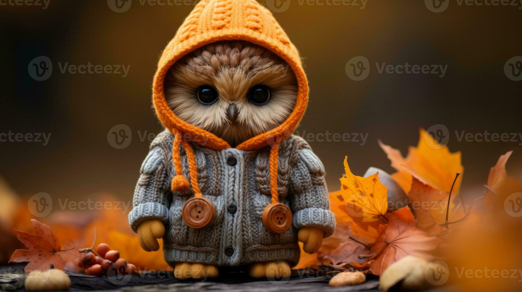 an owl wearing an orange hoodie on a wooden surface surrounded by autumn leaves generative ai photo