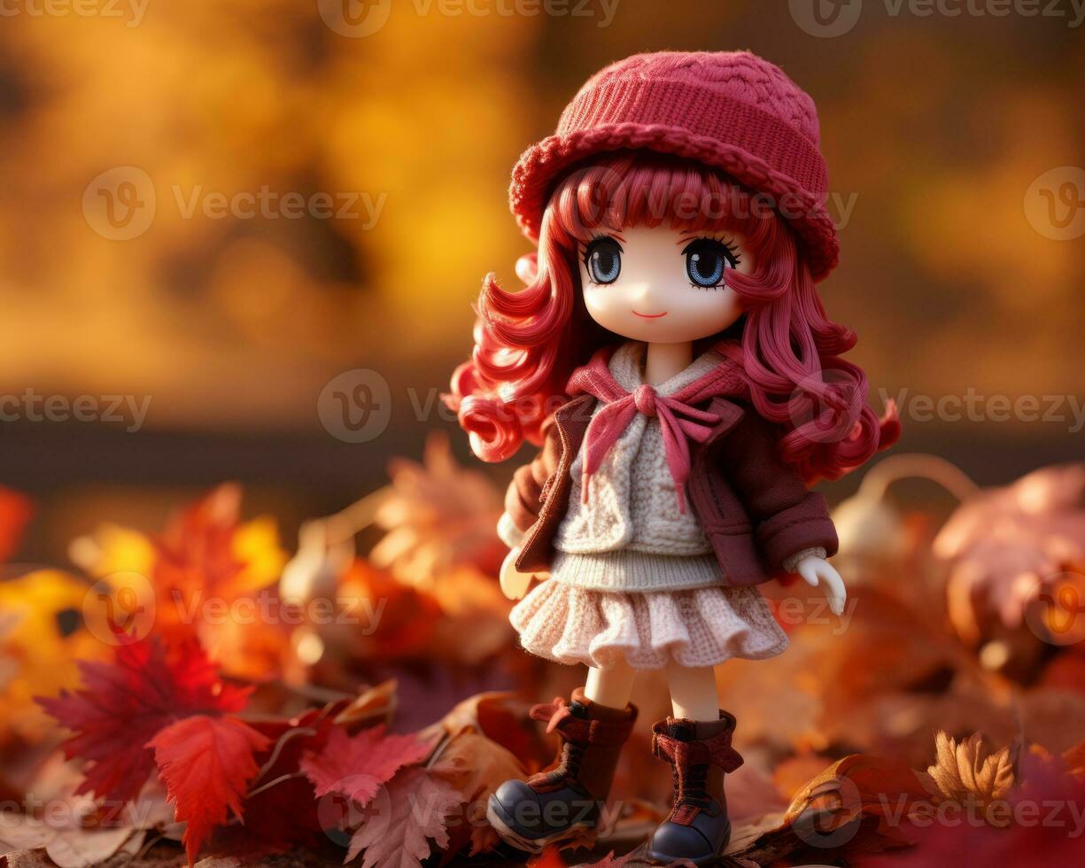 anime doll with red hair standing in autumn leaves generative ai photo