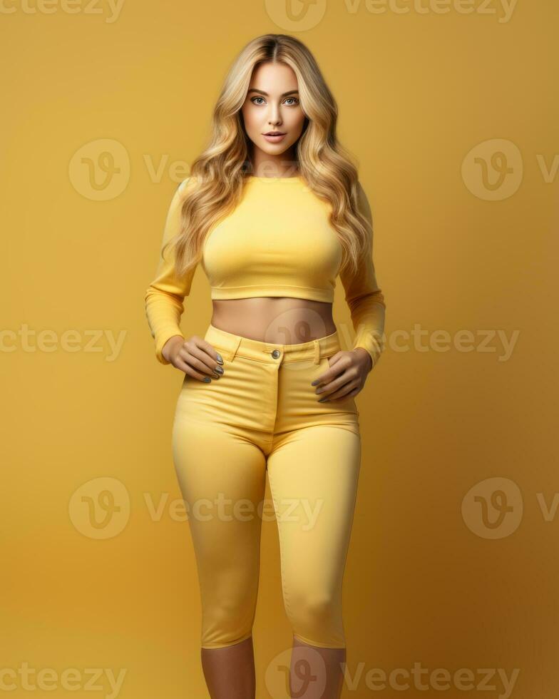 beautiful blonde woman in yellow outfit posing on yellow background generative ai photo