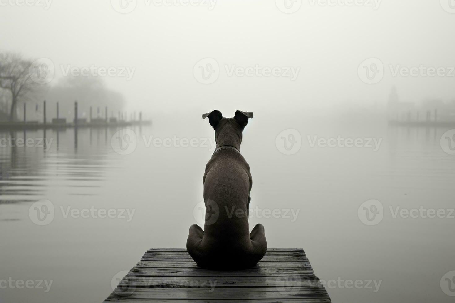 black and white photo of a dog sitting on a dock generative ai