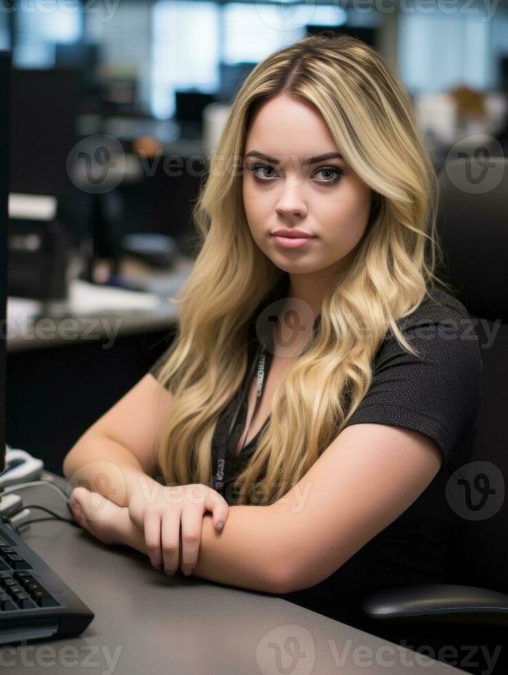 blonde haired woman sitting at a desk generative ai photo