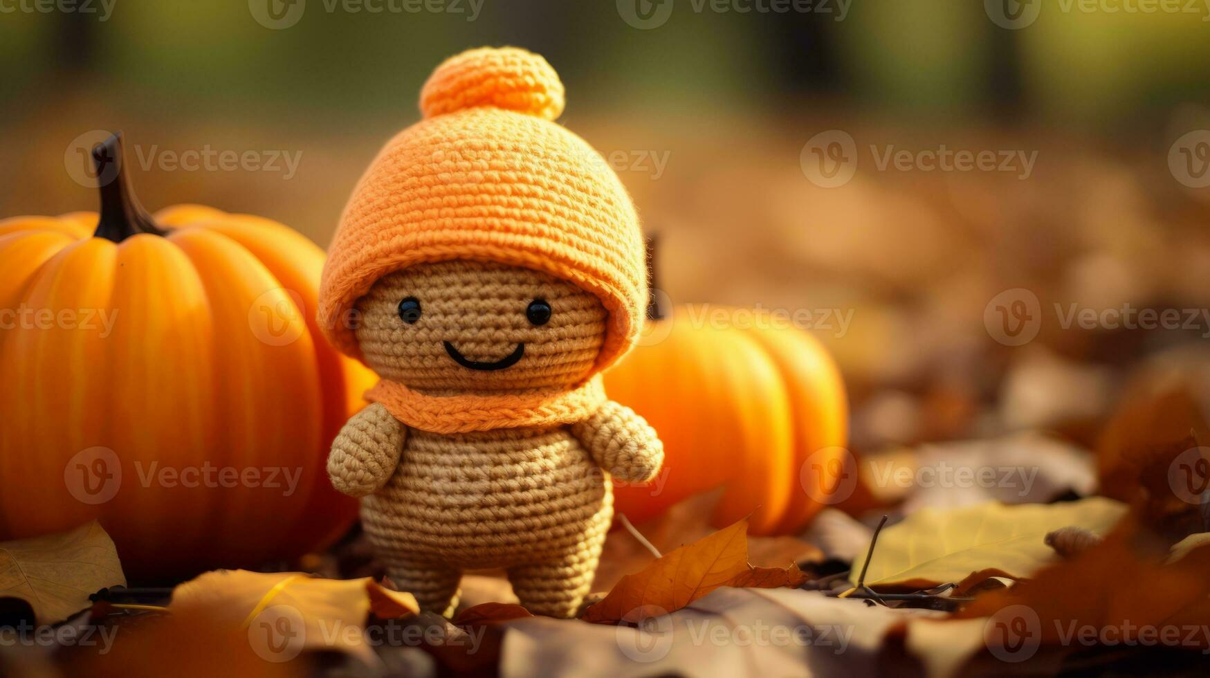 crochet doll with orange hat and pumpkin in background generative ai photo