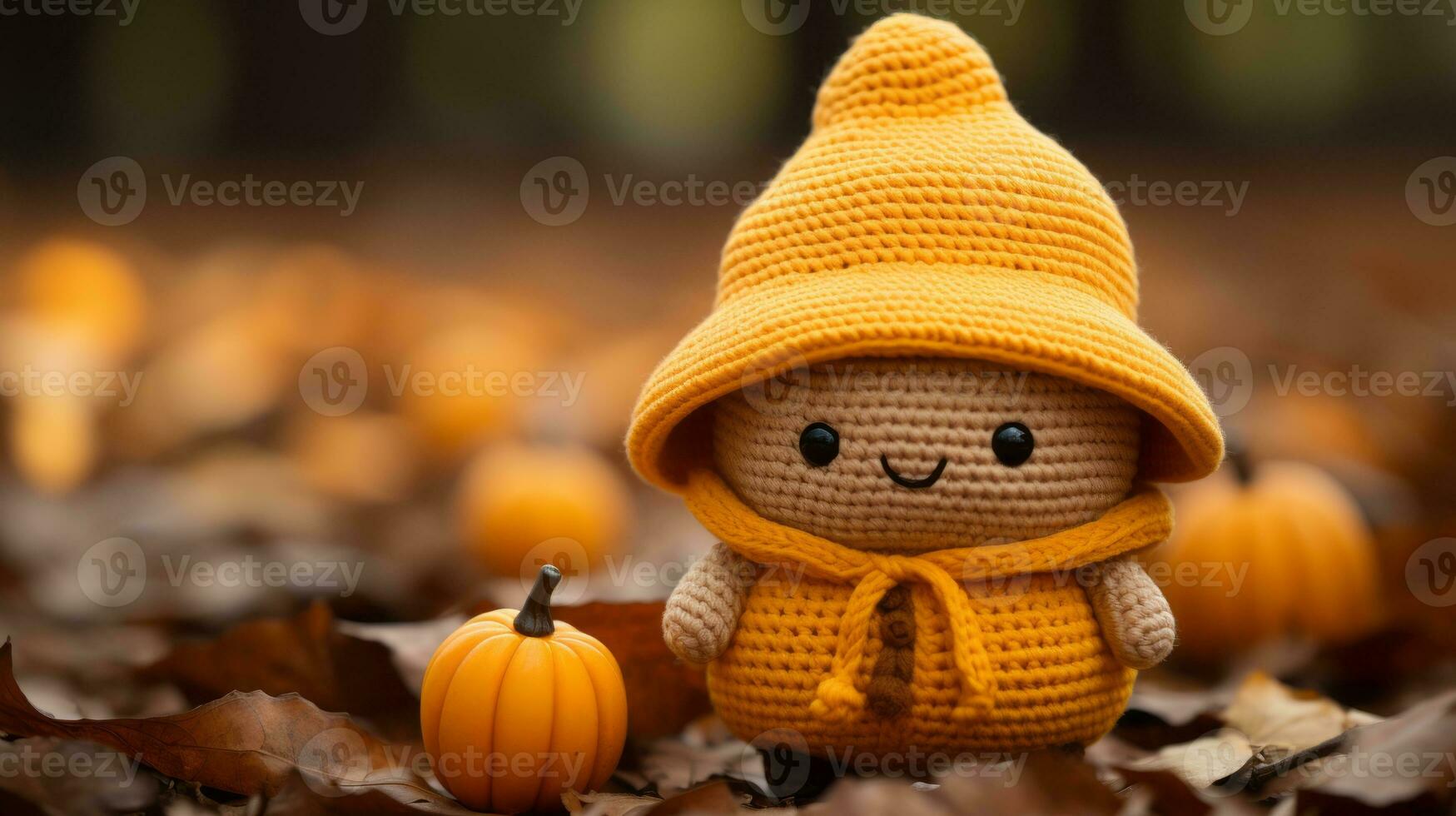 crochet gnome in pumpkin patch generative ai photo