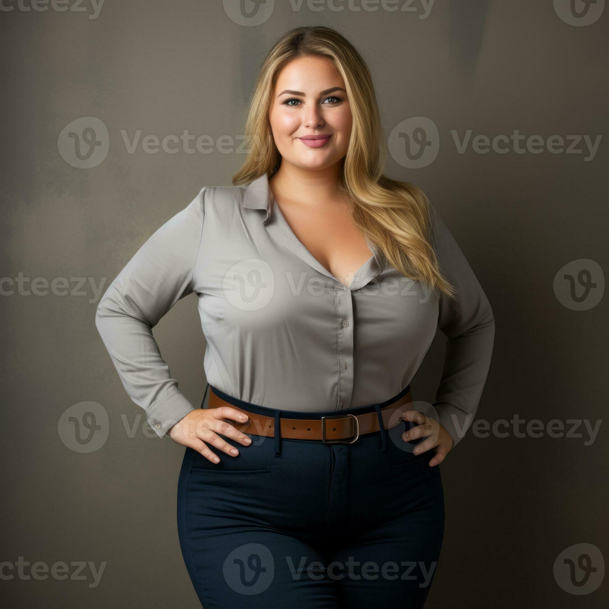 portrait of a beautiful plus size woman posing on a gray