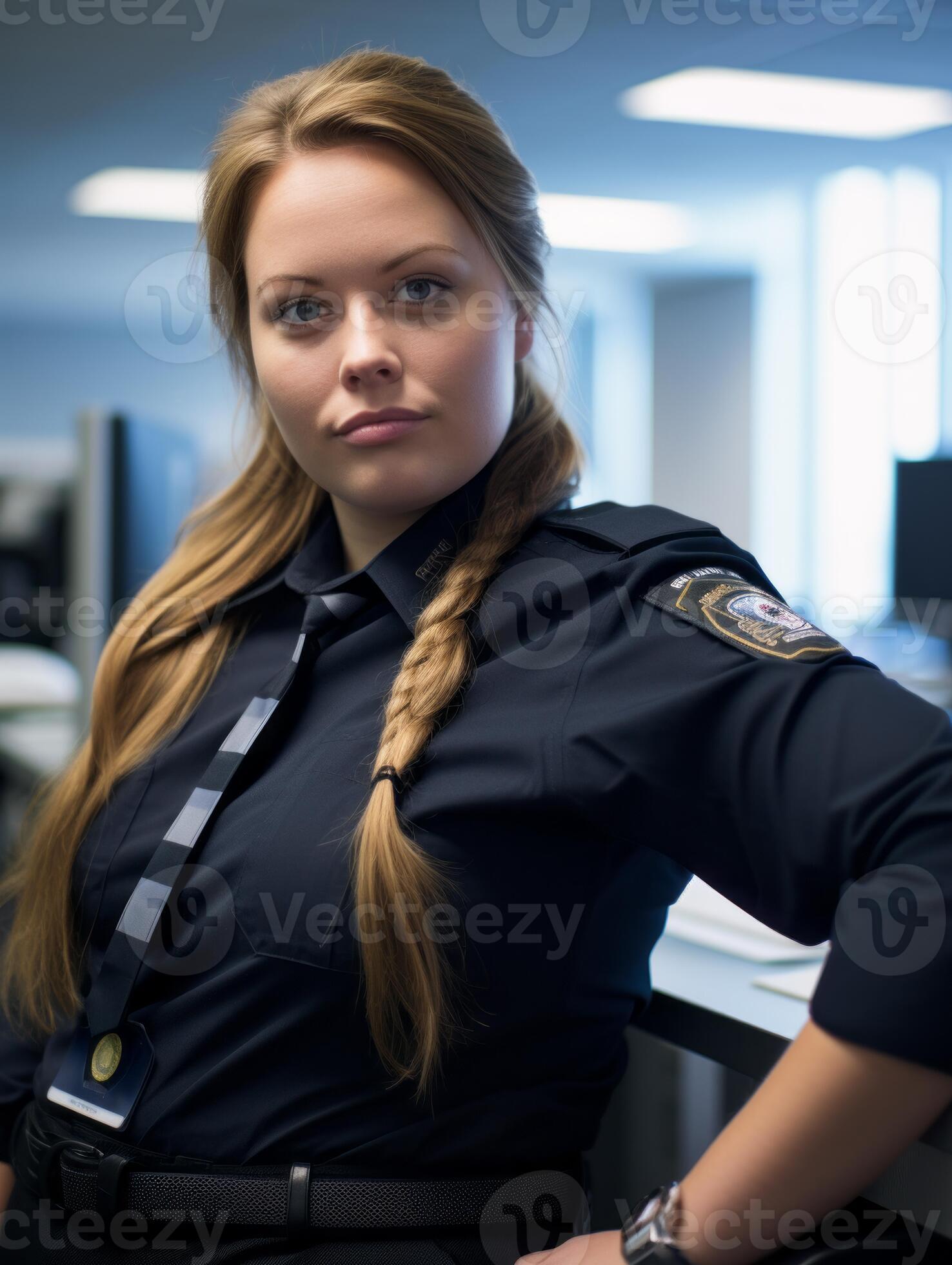 portrait of a female police officer in uniform standing in an office