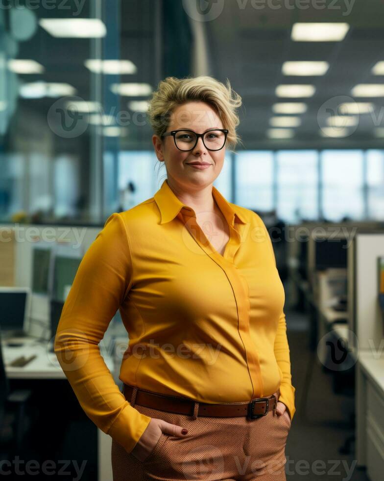 portrait of businesswoman standing in an office with her hands on her hips generative ai photo