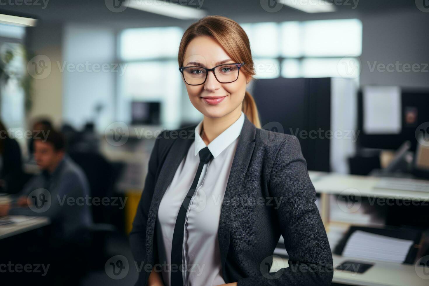 portrait of smiling business woman in office stock photo generative ai