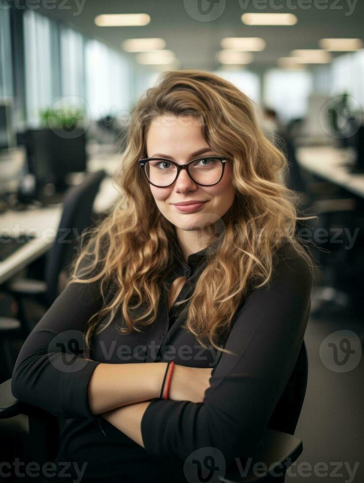 portrait of young businesswoman with glasses standing in an office with her arms crossed generative ai photo