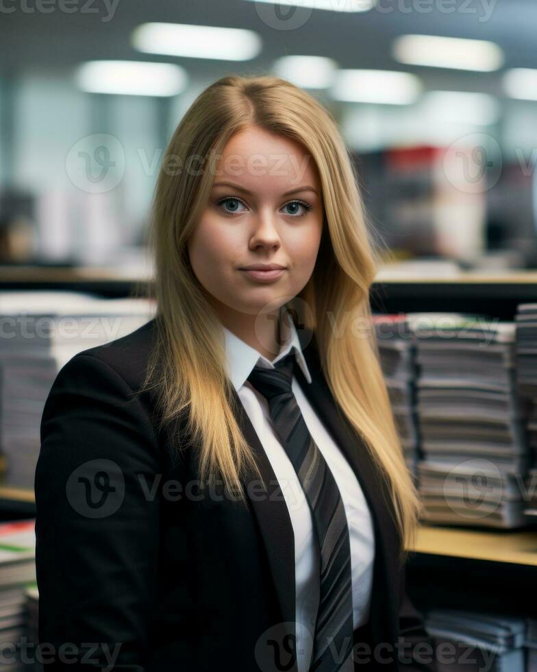 the woman is wearing a black suit generative ai photo