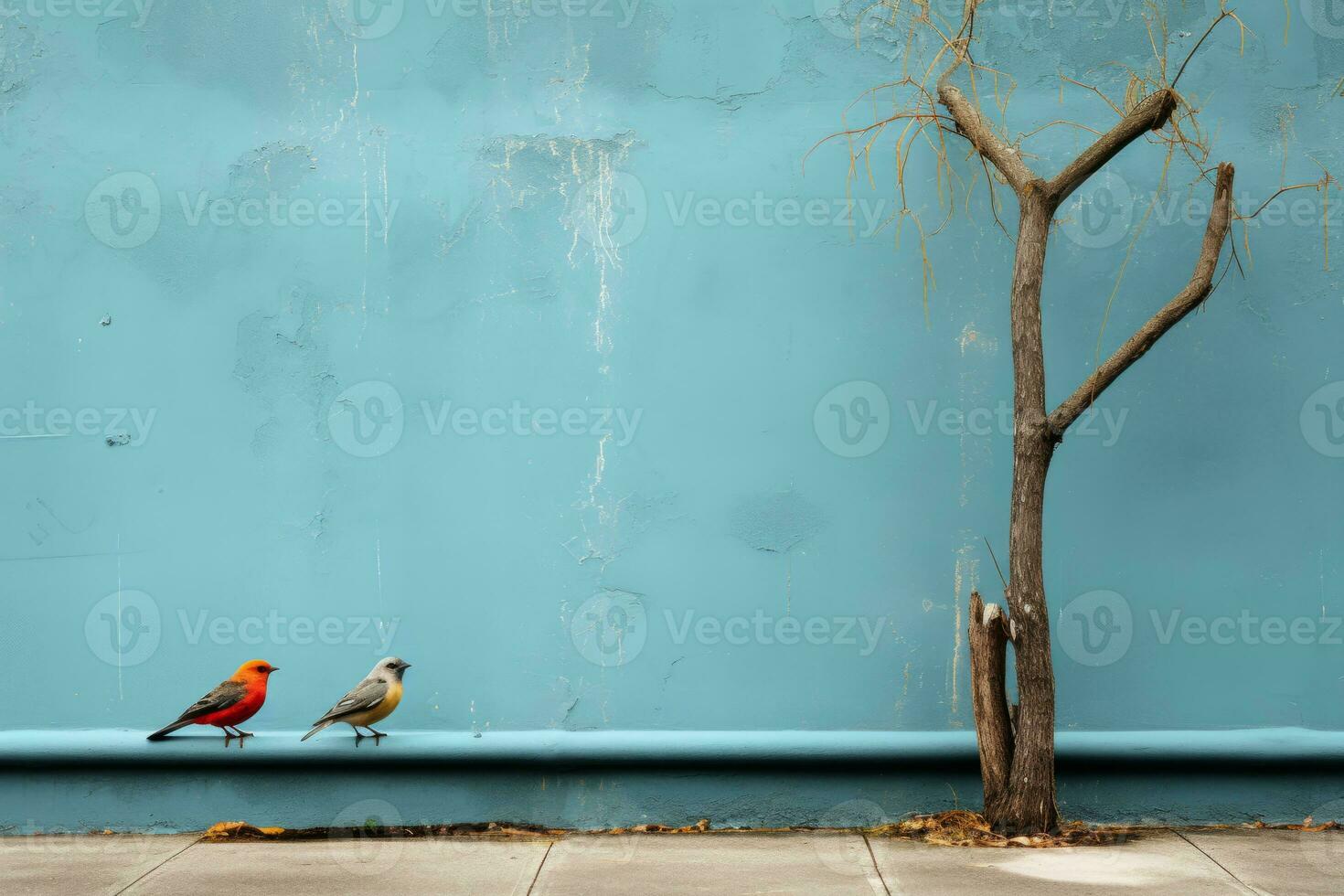 three birds sitting on a wall next to a tree generative ai photo