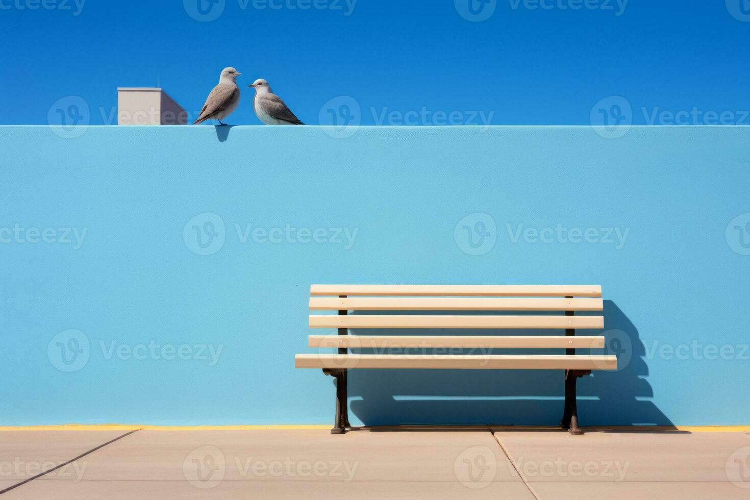 two birds sitting on a bench in front of a blue wall generative ai photo