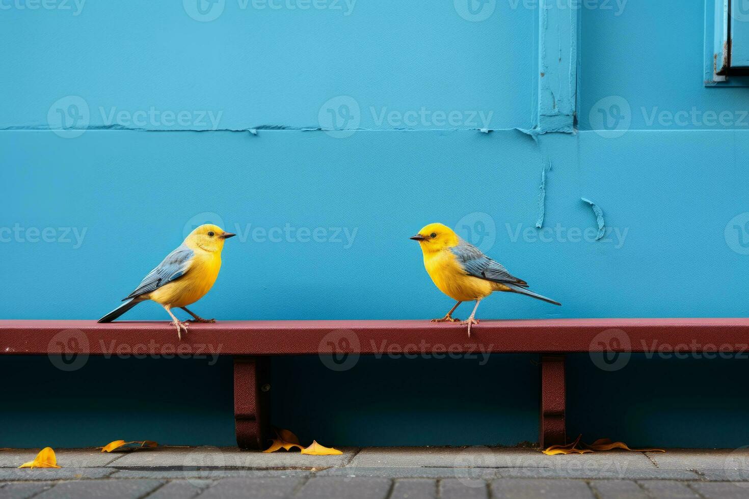 two birds sitting on a bench next to a blue wall generative ai photo