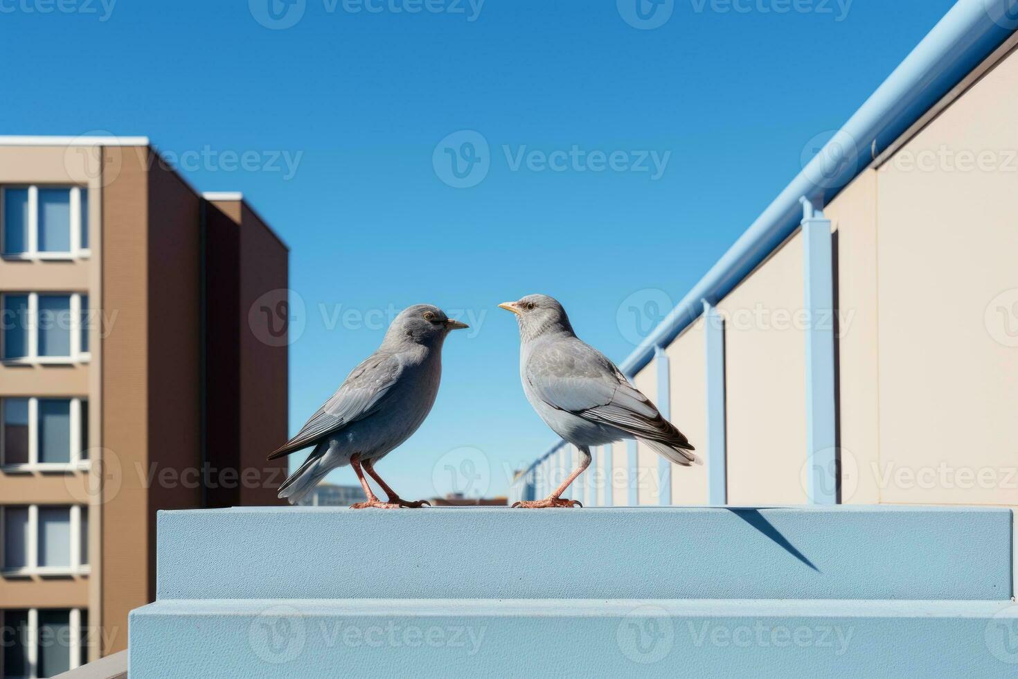 two birds standing on a ledge near a building generative ai photo