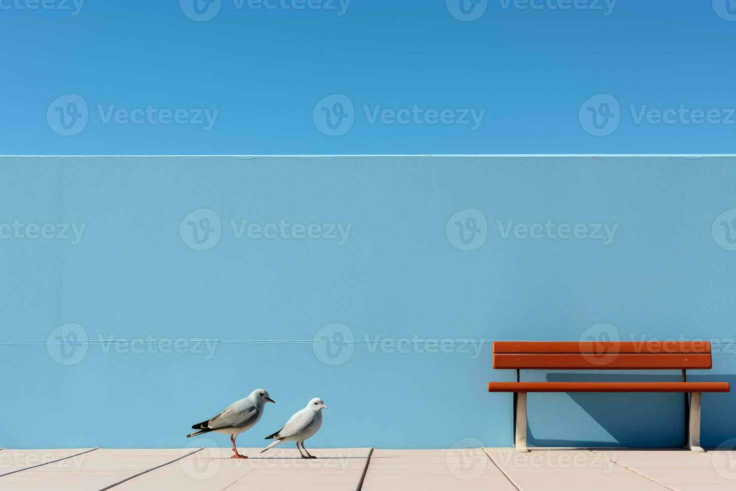 two seagulls standing next to a blue wall and a bench generative ai photo