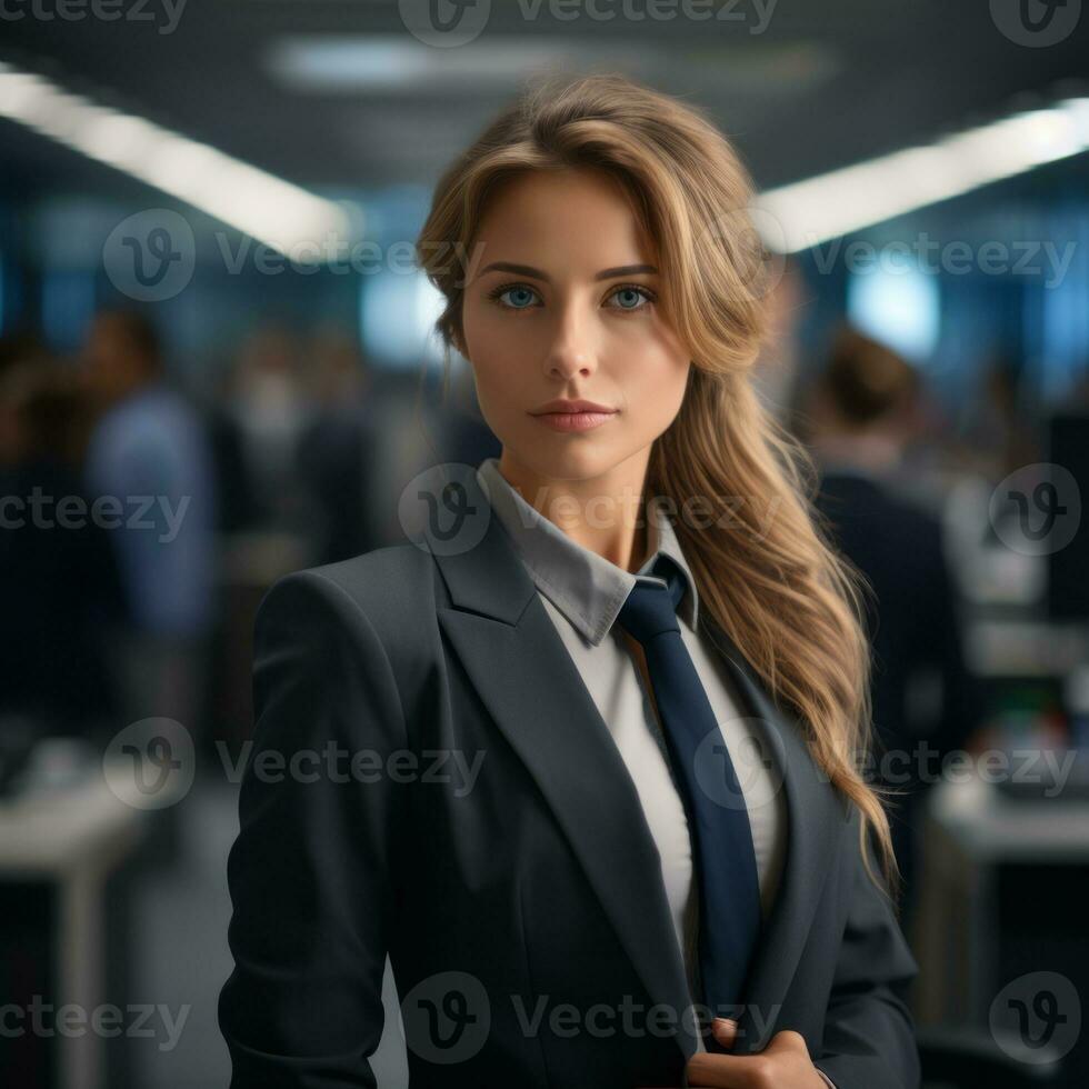young business woman in suit and tie standing in an office generative ai photo