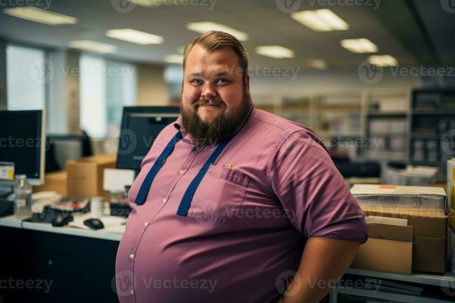 a fat man in a pink shirt standing in front of a desk generative ai photo