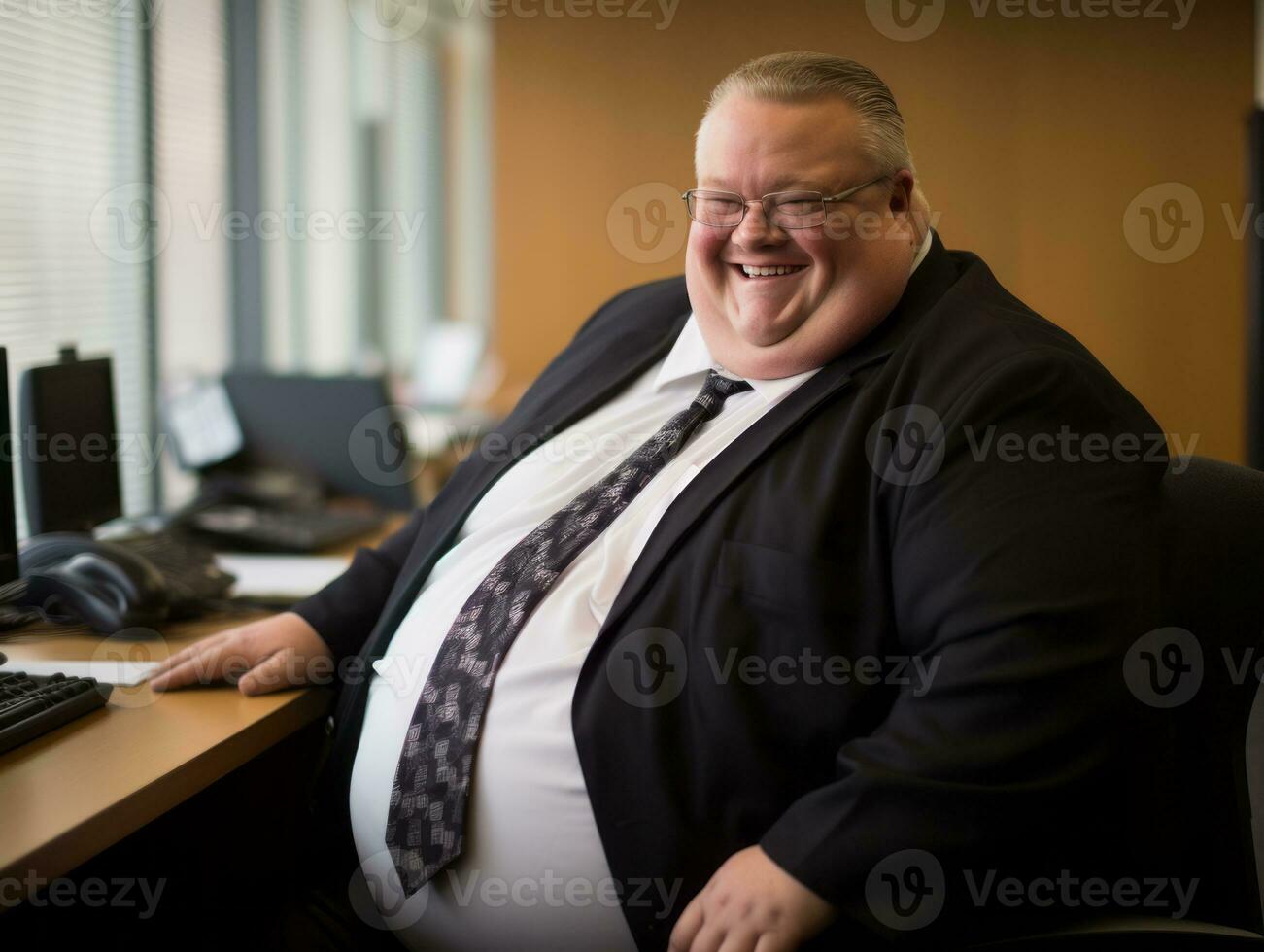 a fat man in a suit and tie sitting at a desk generative ai photo