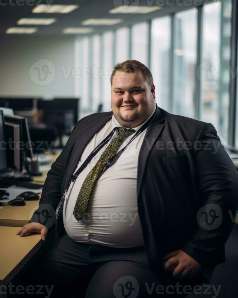 a fat man in a suit and tie sitting at a desk generative ai photo
