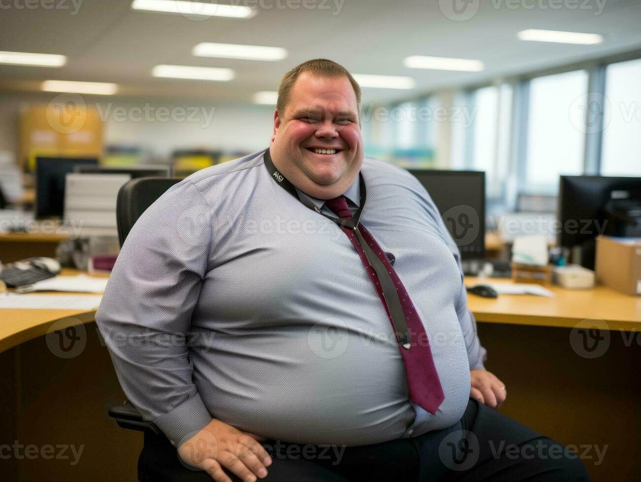 a fat man in a tie sitting in an office generative ai photo