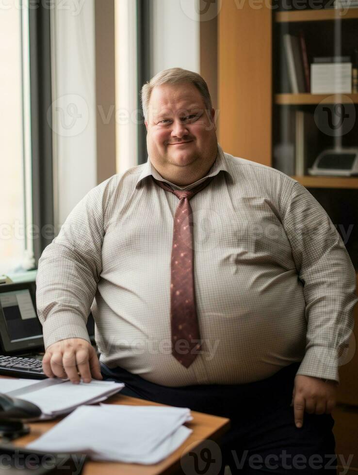 a fat man in a tie sitting at his desk generative ai photo