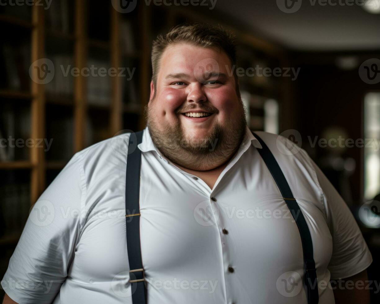 a fat man in a white shirt and suspenders generative ai 32097852 Stock