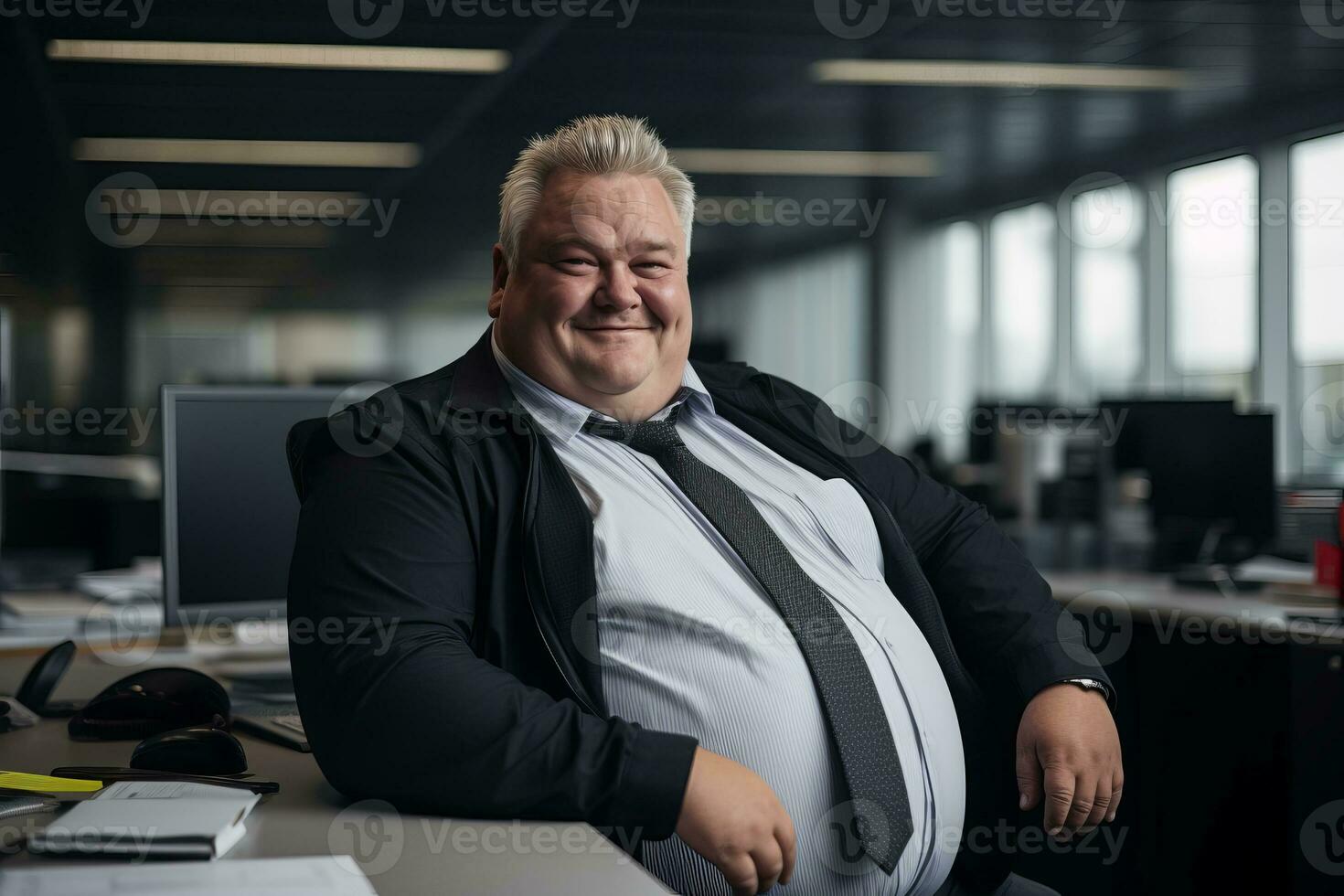a fat man sitting at a desk in an office generative ai photo