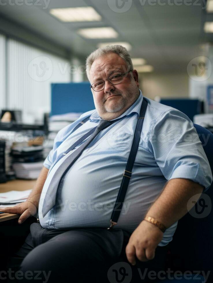 a fat man sitting at a desk in an office generative ai photo