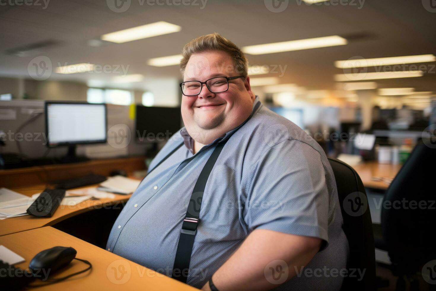 a fat man sitting at a desk in an office generative ai photo