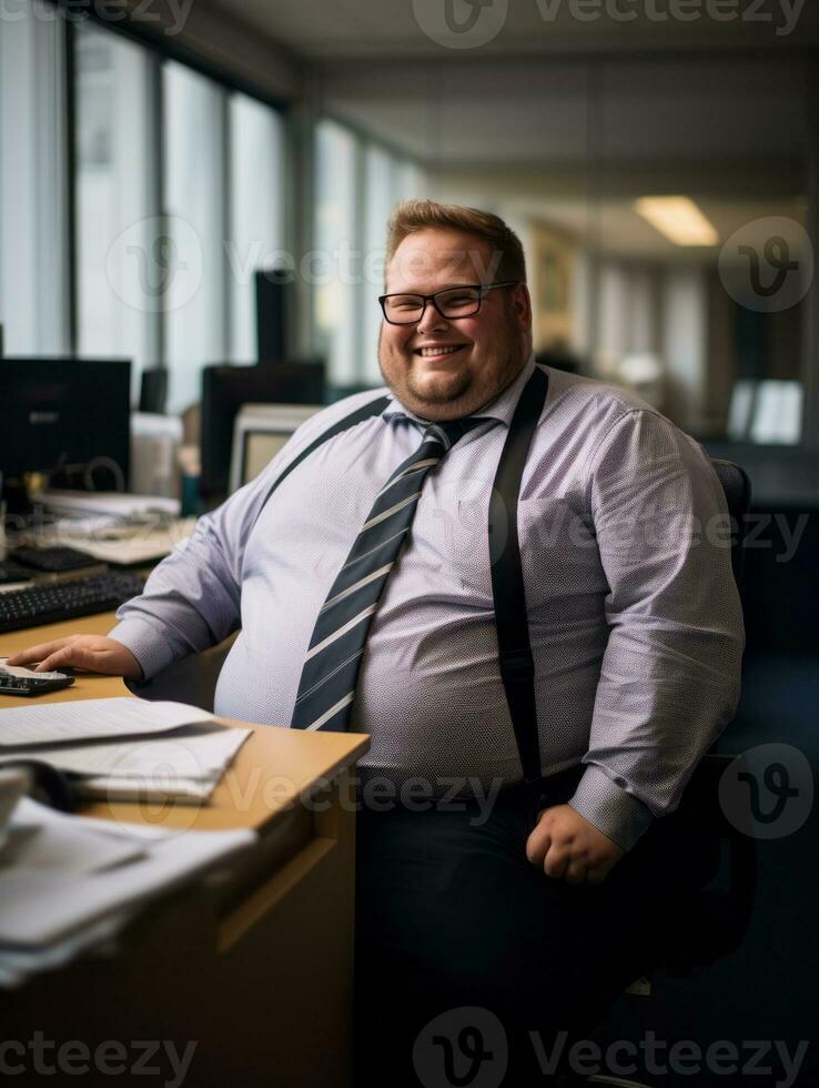 a fat man sitting at a desk in an office generative ai photo