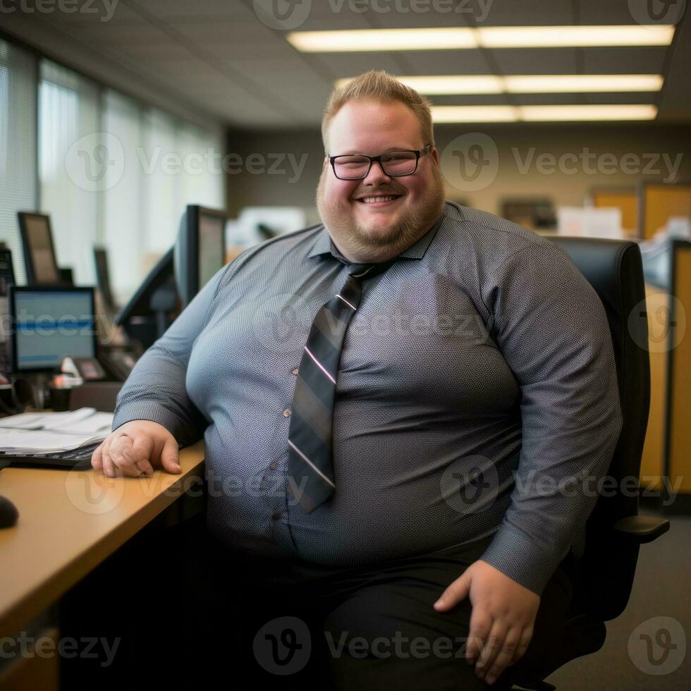 a fat man sitting at a desk in an office generative ai photo