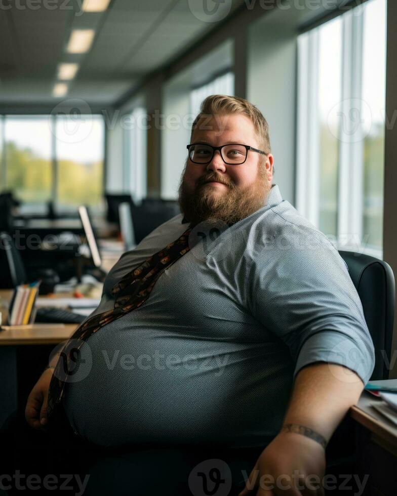 a fat man sitting at a desk in an office generative ai photo