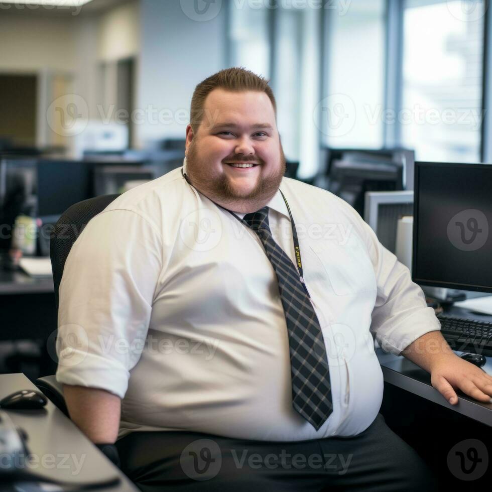 a fat man sitting at a desk in an office generative ai photo