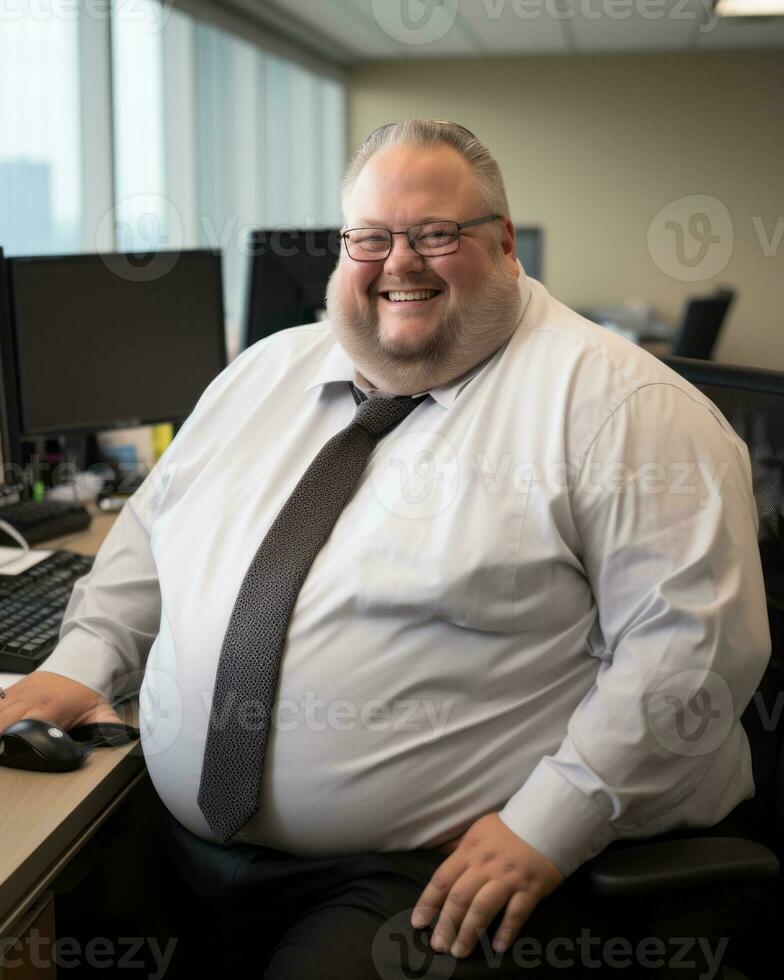a fat man sitting at a desk in an office generative ai photo