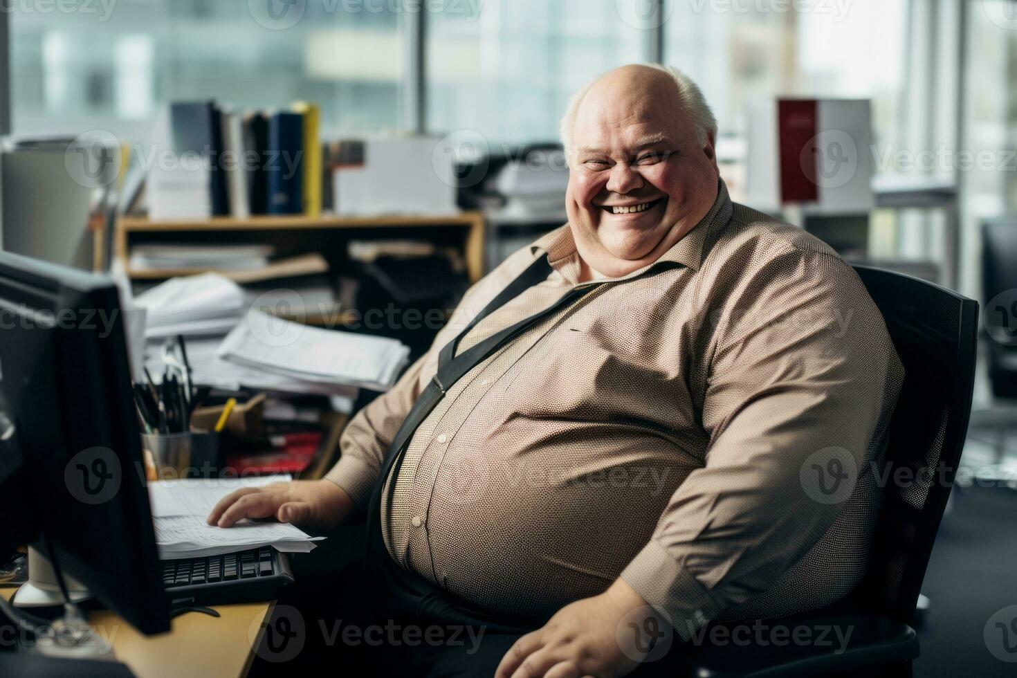 a fat man sitting at a desk in front of a computer generative ai photo
