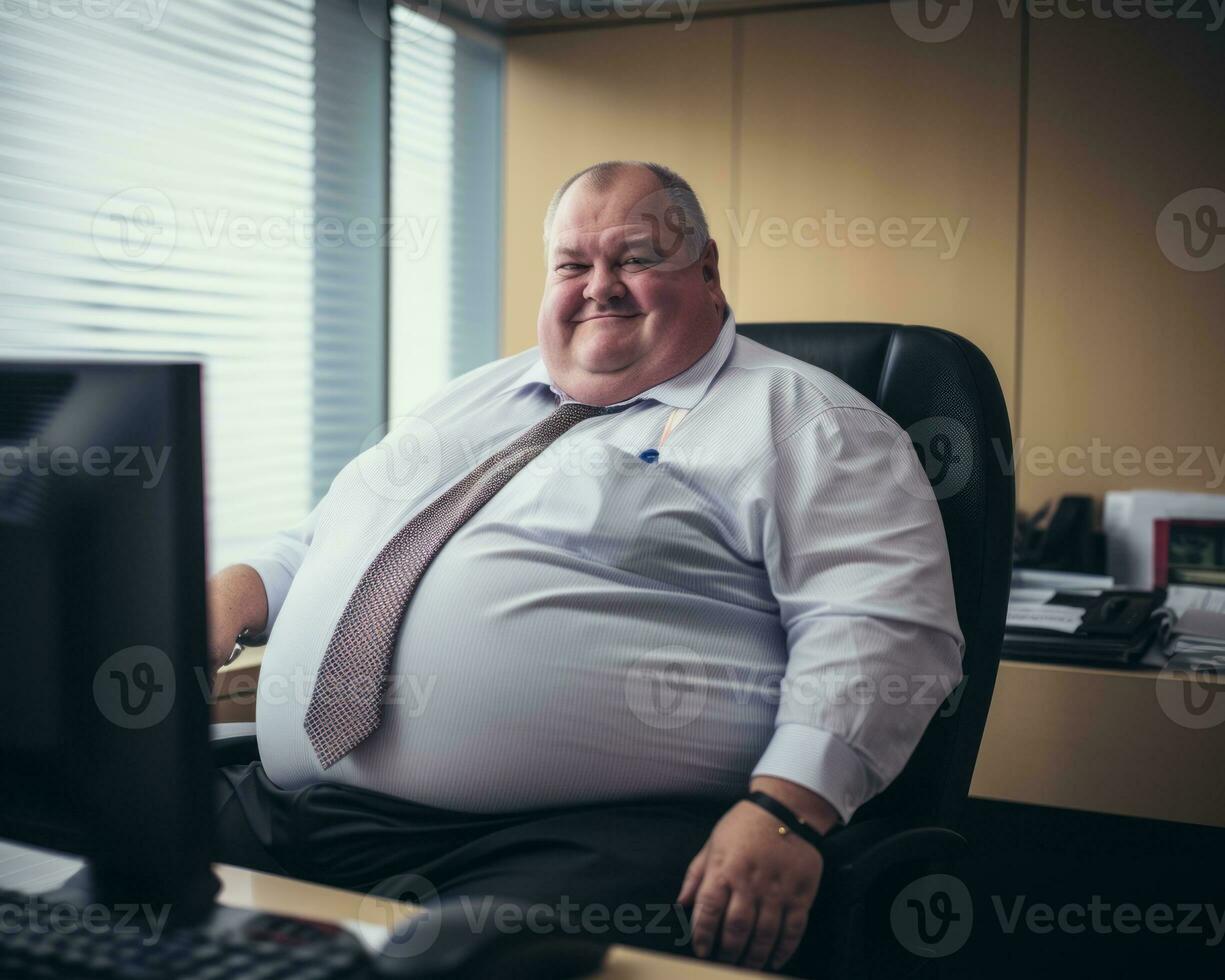 a fat man sitting at a desk in front of a computer generative ai photo