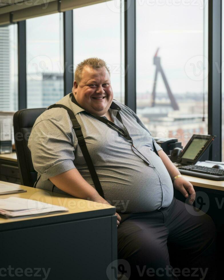 a fat man sitting at a desk generative ai photo