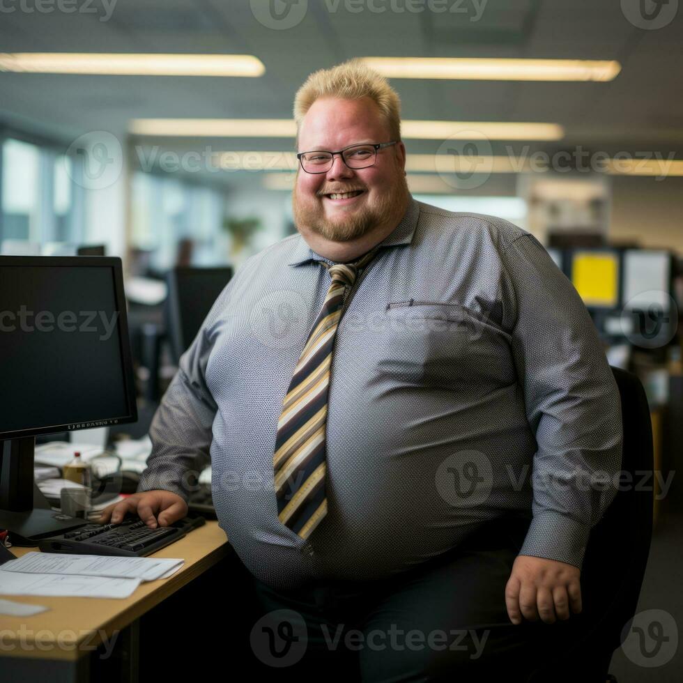 a fat man sitting at a desk generative ai photo