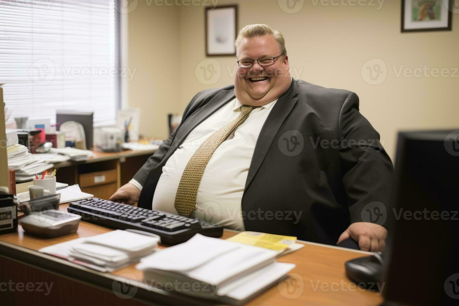 a fat man sitting at a desk generative ai photo