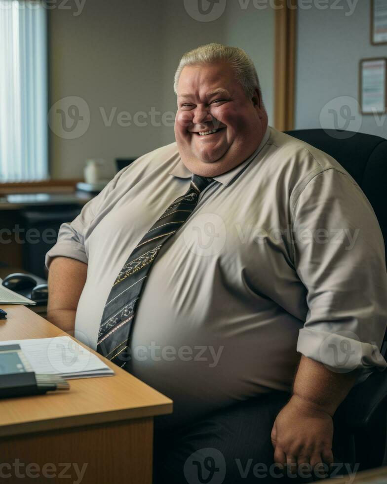 a fat man sitting at a desk generative ai photo