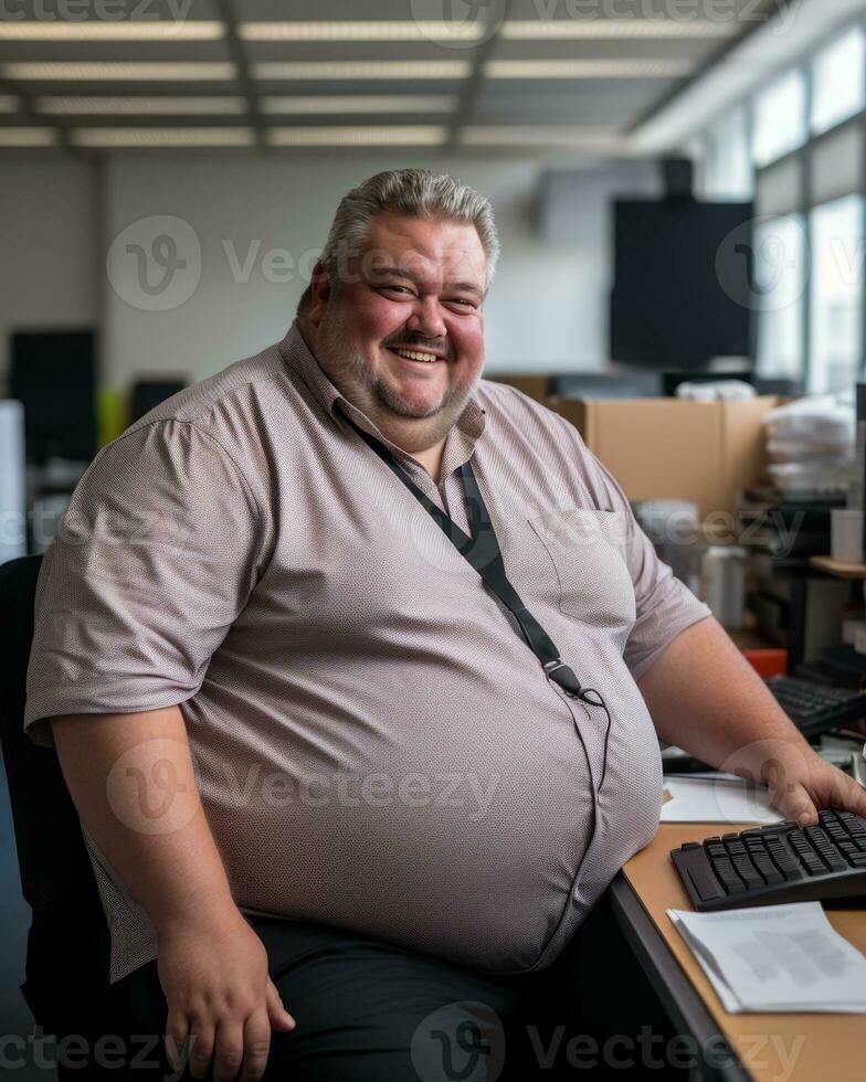 a fat man sitting at a desk generative ai photo