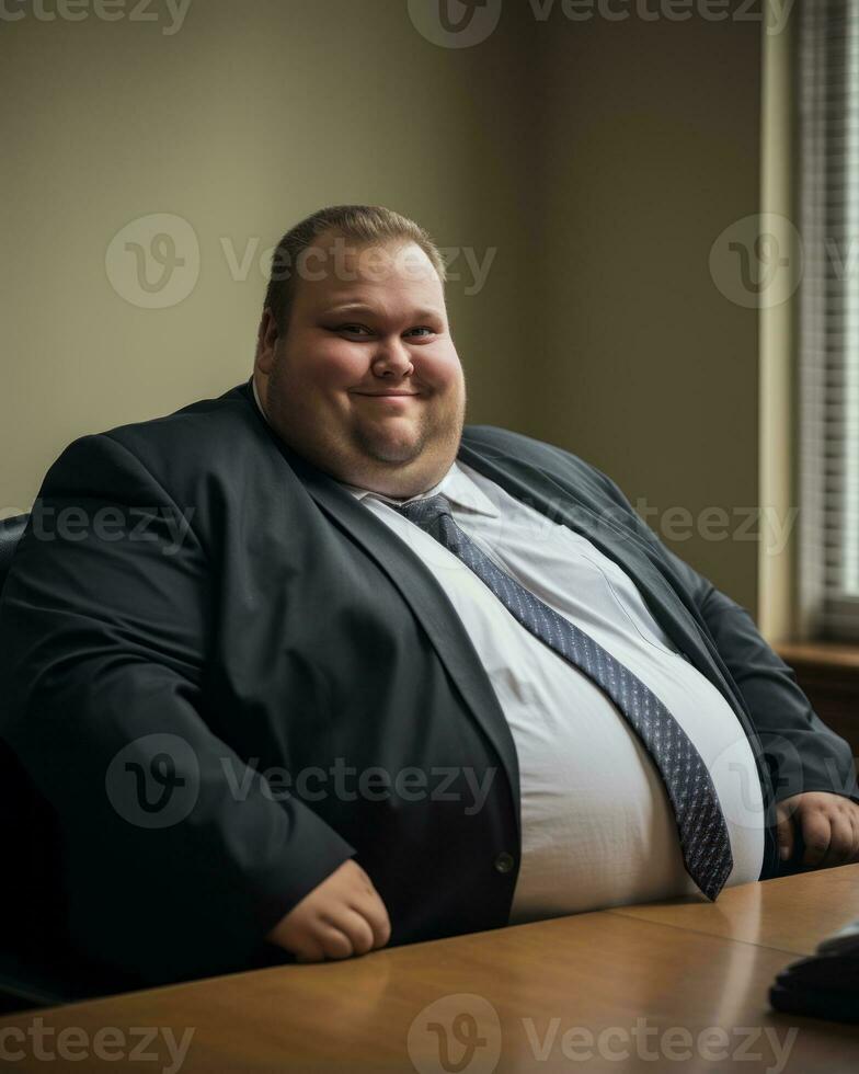 a fat man sitting at a desk generative ai photo