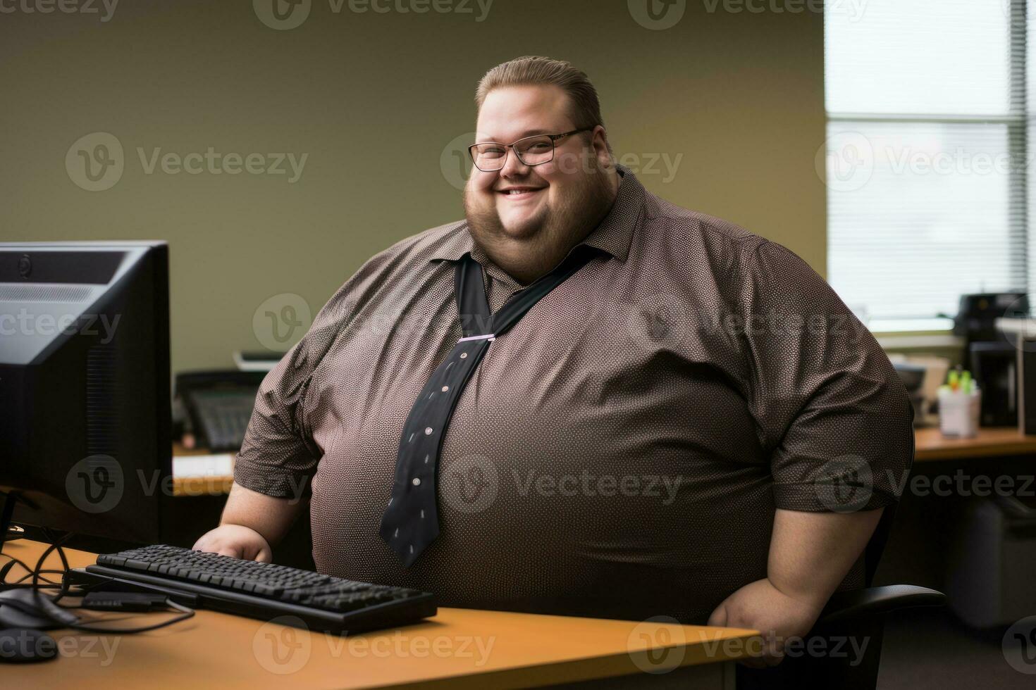 a fat man sitting at a desk generative ai photo