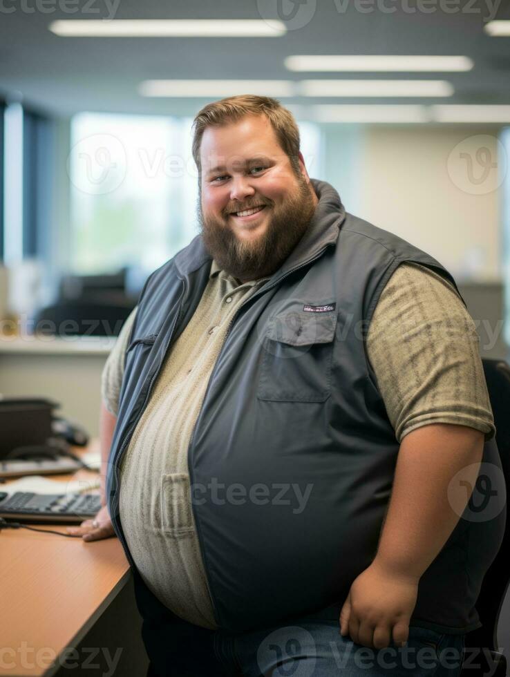 a fat man sitting at a desk generative ai photo