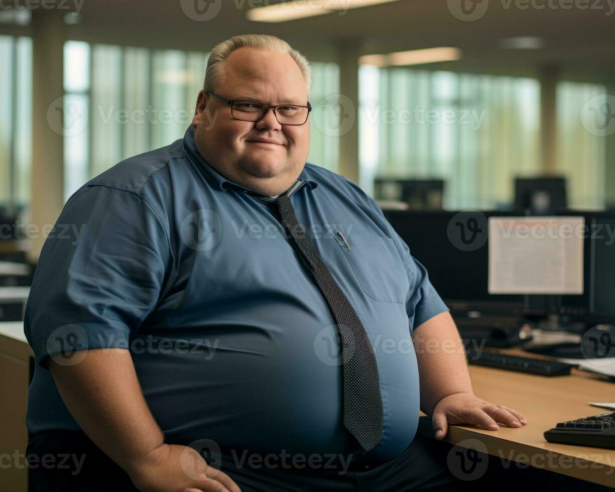 a fat man sitting at a desk generative ai photo