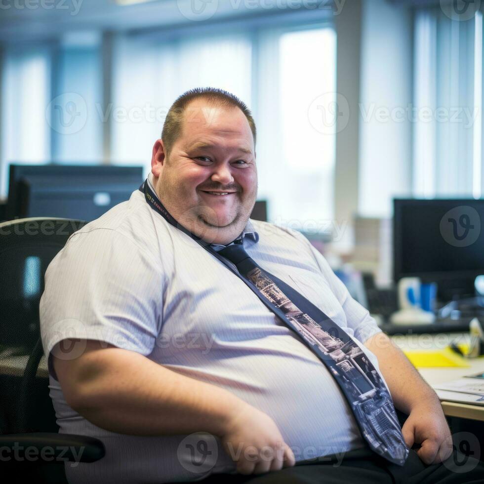 a fat man sitting in an office with a tie on generative ai photo